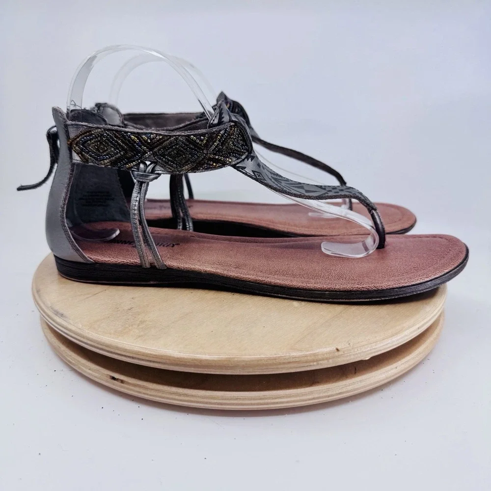 Minnetonka Antigua Sandals Womens 9 Gray Leather Beaded Ankle Strap Shoes